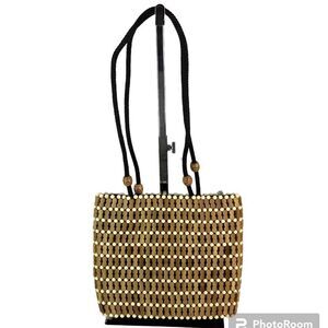 Vintage Light Brown Bamboo Woven Wood Medium Shoulder Purse Handbag
